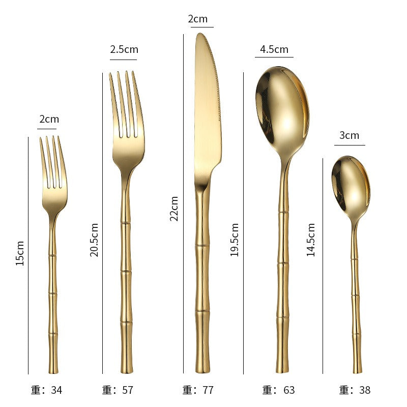 Thickened bamboo 304 stainless steel tableware knife, fork, and spoon set with titanium plated Western steak knife, fork, and spoon