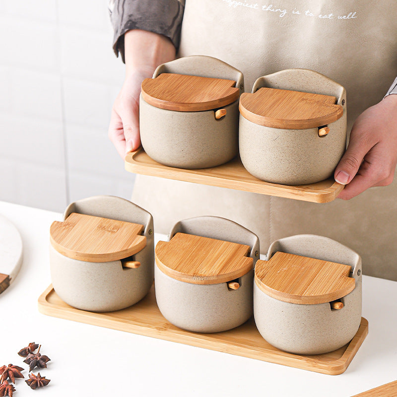 Japanese Ceramic Bamboo and Wood Lid Seasoning Jar Seasoning Box Kitchen Seasoning Storage Jar Salt Sugar Jar Set