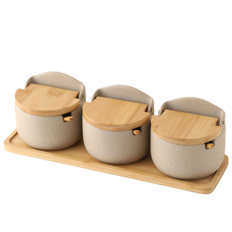 Japanese Ceramic Bamboo and Wood Lid Seasoning Jar Seasoning Box Kitchen Seasoning Storage Jar Salt Sugar Jar Set